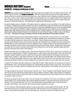 Handout Elizabeth I Religious Settlement 1559