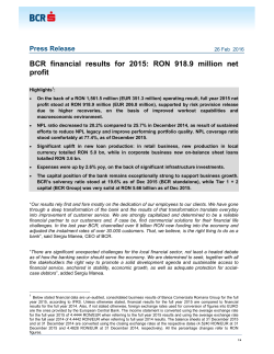 BCR financial results for 2015: RON 918.9 million net profit