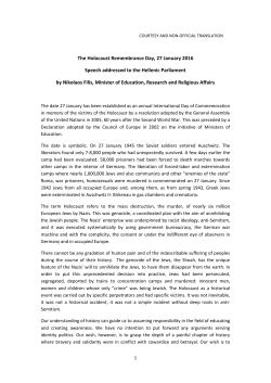 The Holocaust Remembrance Day, 27 January 2016 Speech