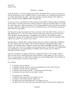 Eng 97/98 Analysis Intro Summary vs. Analysis So far this