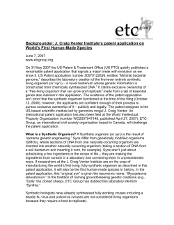 Backgrounder: J. Craig Venter Institute`s patent