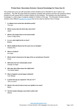 Printed Quiz | Secondary Schools | General Knowledge for Class Use