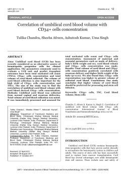 Correlation of umbilical cord blood volume with CD34+ cells