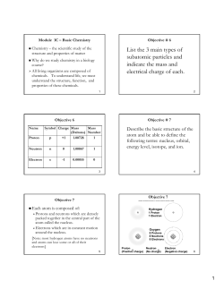 List the 3 main types of subatomic particles and indicate the mass