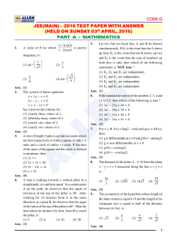 JEE(MAIN) &ndash; 2016 TEST PAPER WITH ANSWER (HELD ON