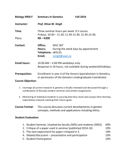 Biology 4950 F Seminars in Genetics Fall 2016 Instructor: Prof