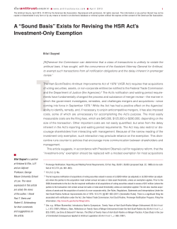 A "Sound Basis" Exists For Revising the HSR Act`s Investment
