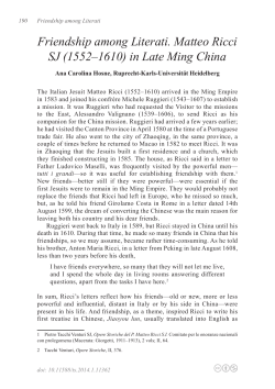 Friendship among Literati. Matteo Ricci SJ (1552–1610) in Late
