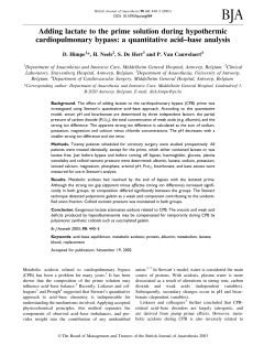 Adding lactate to the prime solution during hypothermic