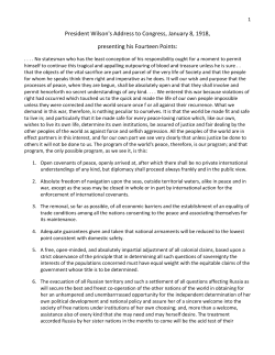 President Wilson`s Address to Congress, January 8, 1918