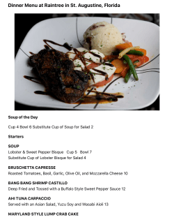 Dinner Menu at Raintree in St. Augustine, Florida