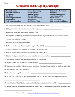 Sectionalism and the Age of Jackson Quiz