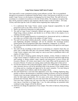 Camp Victory Summer Staff Code of Conduct The Camp staff is a
