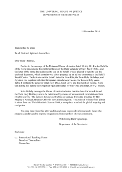 11 December 2014 Transmitted by email To all National Spiritual