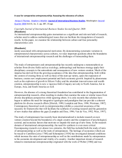 A case for comparative entrepreneurship: Assessing