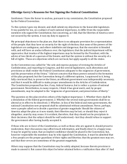 Elbridge Gerry`s Reasons for Not Signing the Federal