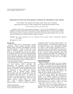 Separation of lead ions from aqueous solutions by adsorption at talc