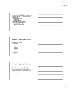 Meiosis Meiosis I ‐ Reductional Division Meiosis II ‐Equational