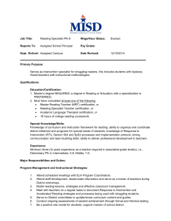 Job Title: Reading Specialist PK