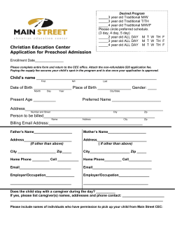 Christian Education Center Application for Preschool Admission