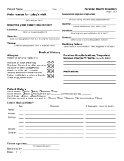 Personal Health Inventory Main reason for today`s visit Describe