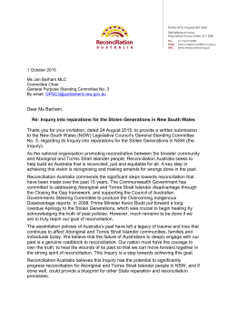 Dear Ms Barham, Re: Inquiry into reparations for the Stolen