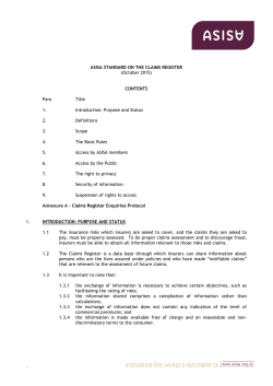 ASISA STANDARD ON THE CLAIMS REGISTER
