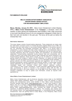 Melco Crown Entertainment Announces Discretionary Bonus Payout