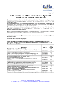 EuPIA Suitability List of Photo-initiators for Low Migration UV