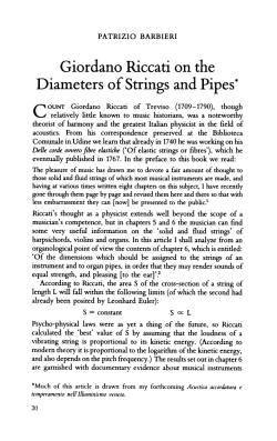 Giordano Riccati on the Diameters of Strings and Pipes