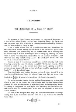 169 J. H. POYNTING THE MOMENTUM OF A BEAM OF LIGHT The