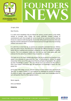 15 April, 2016 Dear Parents, It is with much trepidation that we follow