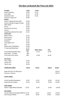 The Barn at Brynich Bar Price List 2014