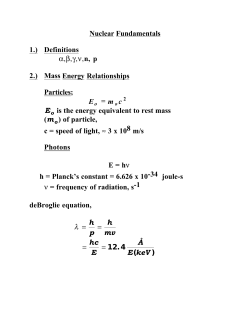 Nuclear Fundamentals 1.) Definitions &alpha;,&beta;,&gamma;,&nu;,n, p 2.) Mass Energy