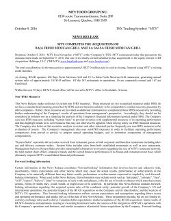 MTY COMPLETES THE ACQUISITION OF BAJA