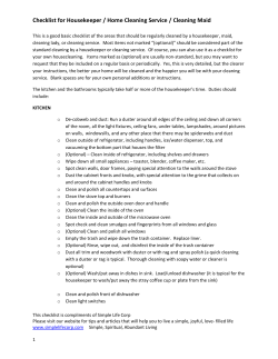 Checklist for Housekeeper / Home Cleaning