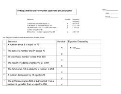 Sentence Variable Equation/Inequality A number minus 6 is equal to