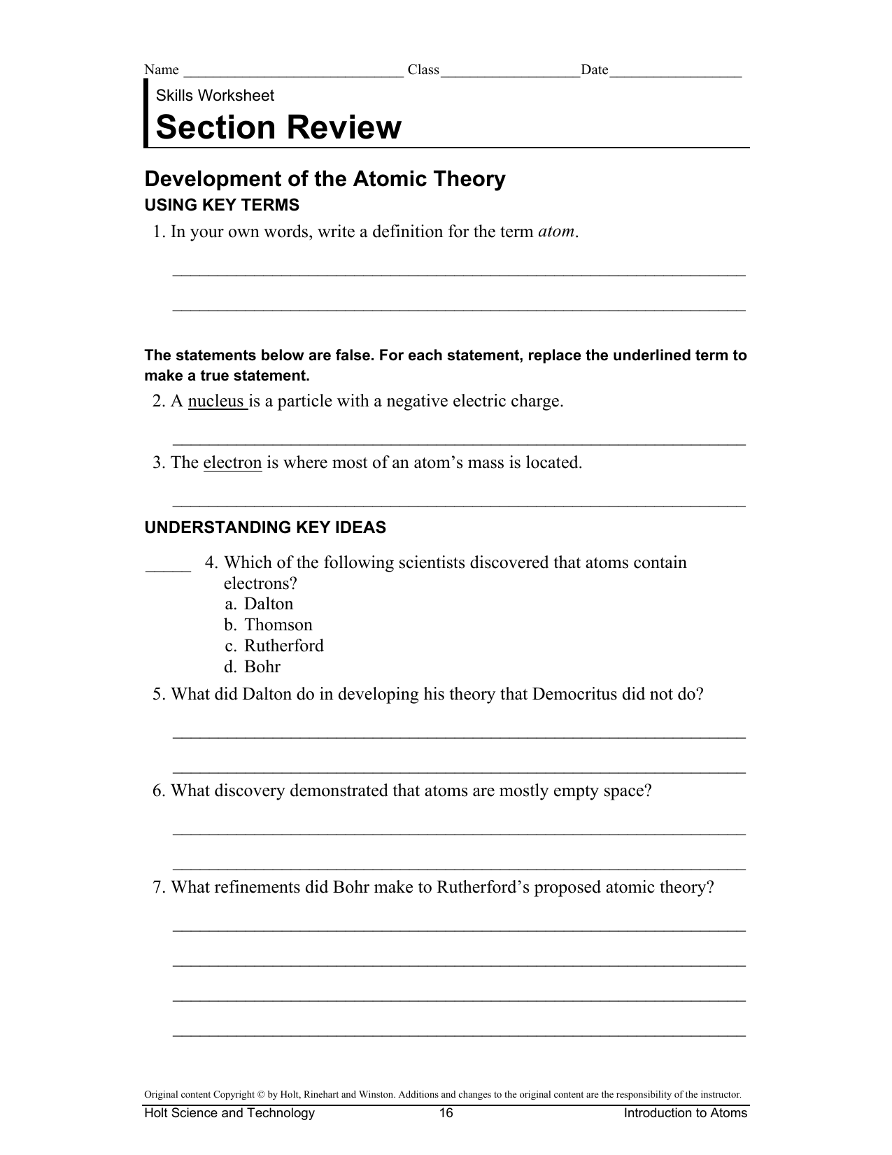 Section Review Development of the Atomic Theory Within Atomic Theory Worksheet Answers