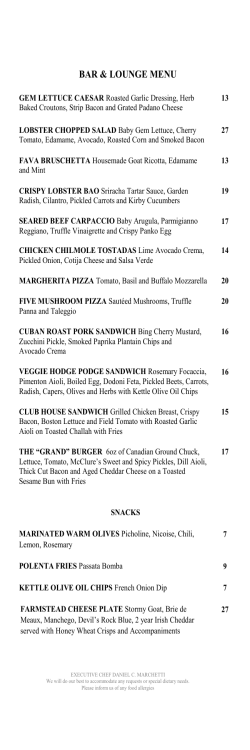 Additional Menus - The Grand Hotel Toronto