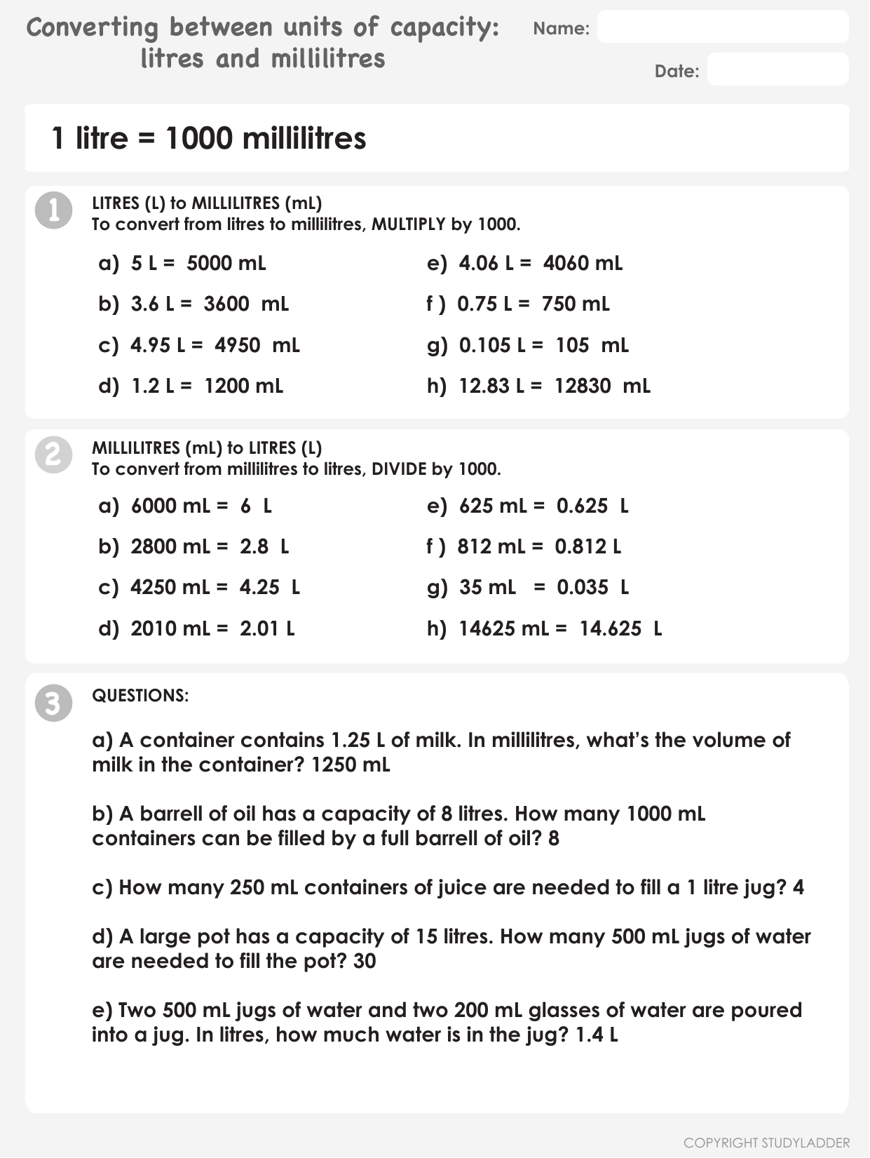 1 Litre 1000 Millilitres