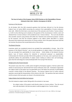 (CJEU) Decision on the Patentability of Human Embryonic