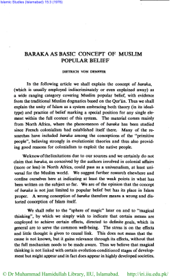 BARAKA AS BASIC CONCEPT OF MUSLIM POPULAR BELIEF
