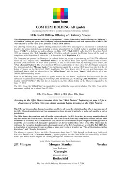 COM HEM HOLDING AB (publ) JP Morgan