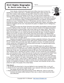 Civil Rights Worksheets - Dr. Martin Luther King Biography