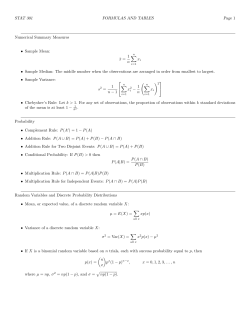 STAT 301 FORMULAS AND TABLES Page 1 Numerical Summary