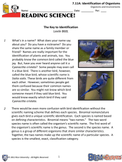 7.11A: Identification of Organisms The Key to Identification Lexile 860L