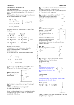 FREEFALL Lecture Notes 1 FREELY FALLING OBJECTS Free fall