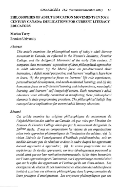 PHILOSOPHIES OF ADULT EDUCATION MOVEMENTS IN 2OTH