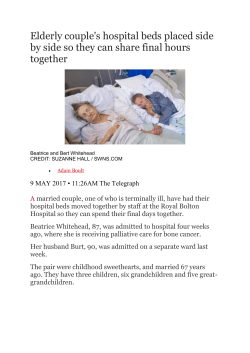 Elderly couple`s hospital beds placed side by side so they can share