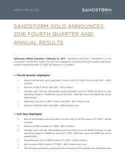 SandStorm Gold announceS 2016 FourtH Quarter and annual reSultS